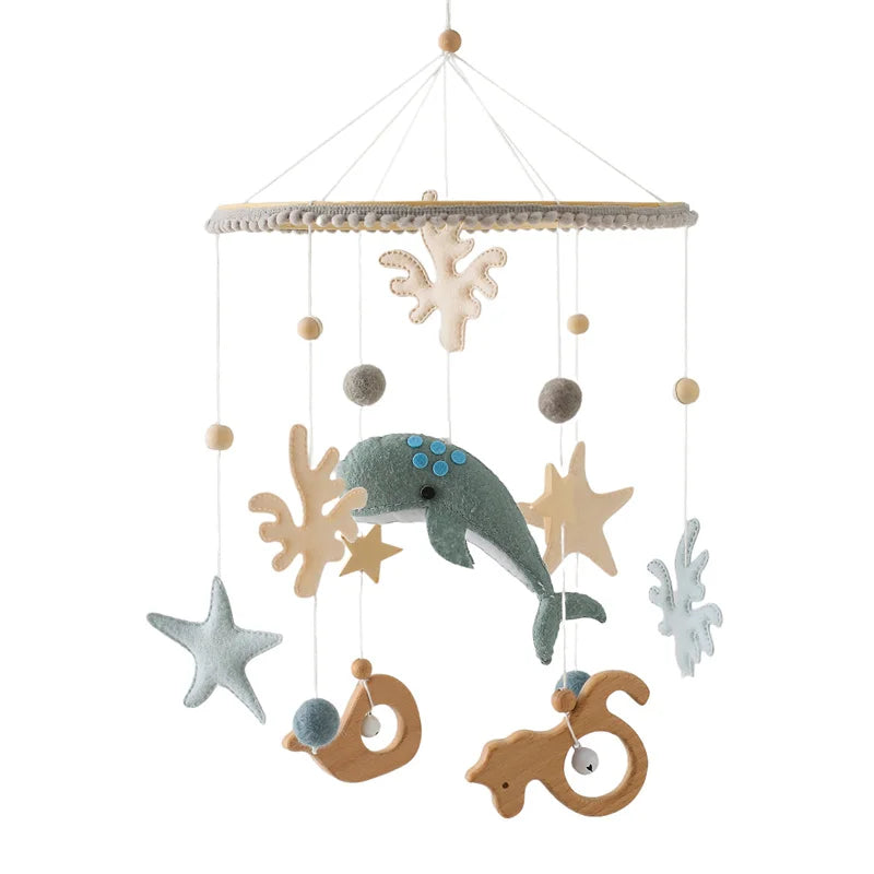 Blue Whale Baby Crib Mobile Newborn First Toy Non Woven Fabric Bamboo Ring Shape Cognition Auditory Development Nursery Decor