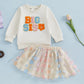 2024-07-27 Kids Girls Skirt Set Long Sleeve Embroidery Letters Sweatshirt with Flower Tulle Skirt 2-piece Outfit