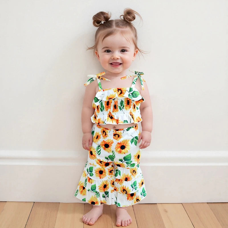 Lioraitiin Toddler Baby Girl Summer Outfit Sunflower/Cherry Print Ruffled Trim Spaghetti Straps Tops and Bell Bottoms 2Pcs Set