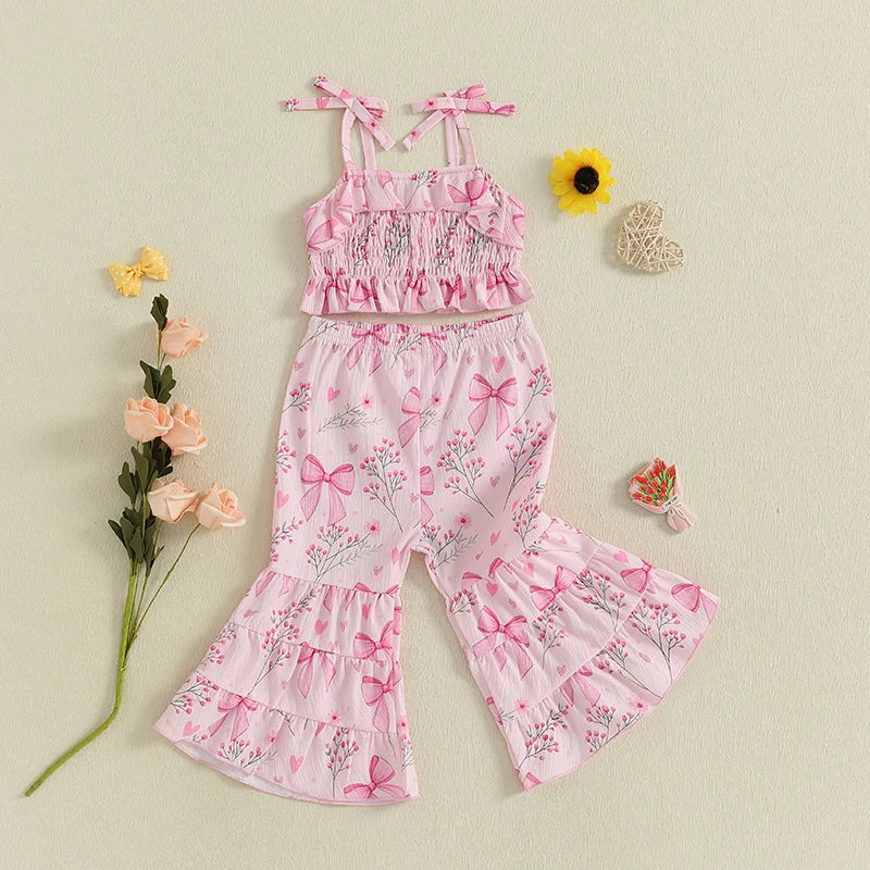 Lioraitiin Toddler Baby Girl Summer Outfit Sunflower/Cherry Print Ruffled Trim Spaghetti Straps Tops and Bell Bottoms 2Pcs Set