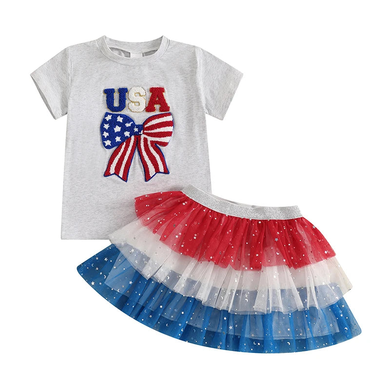 2025-03-08 Lioraitiin Toddler Girl 4th of July Outfit Letter Bow Embroidery O-Neck Short Sleeve Romper and Mesh Skirt 2Pcs Set