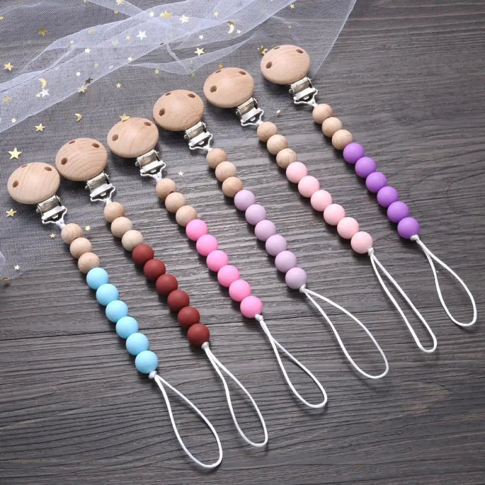 Baby Beech Pacifier Clip Round Colorful Silicone Teething Beads Food Grade Dummy Holder Soothe Chain Anti-drop Baby Nipple Chain