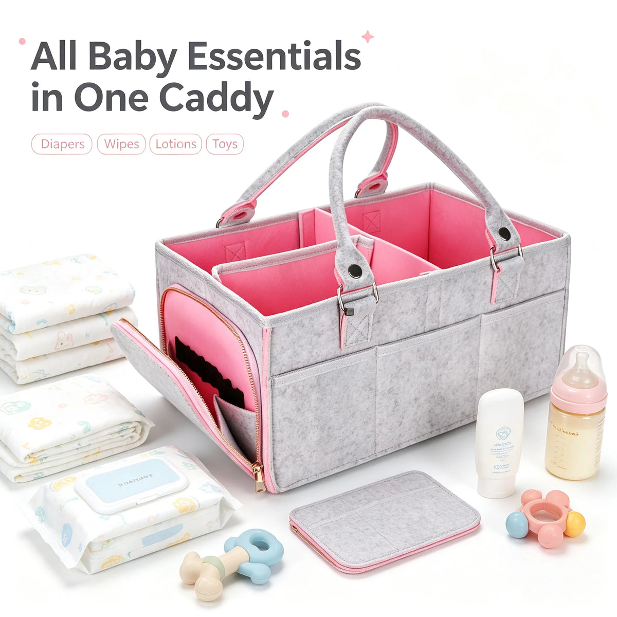 Large Baby Diaper Caddy Organizer,Thick Felt Nursery Storage Basket, Portable Infant Must Haves Essentials, Newborn Shower Gift