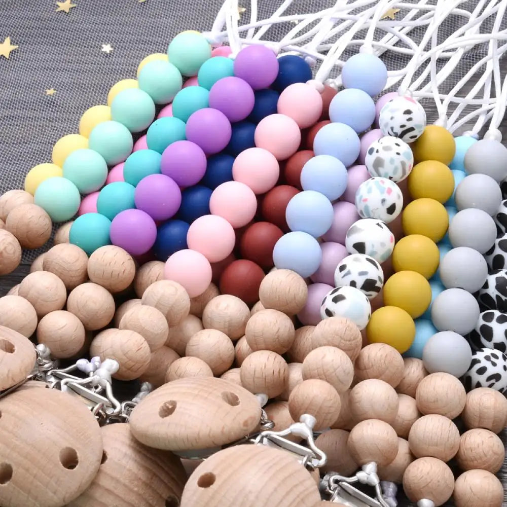 Baby Beech Pacifier Clip Round Colorful Silicone Teething Beads Food Grade Dummy Holder Soothe Chain Anti-drop Baby Nipple Chain
