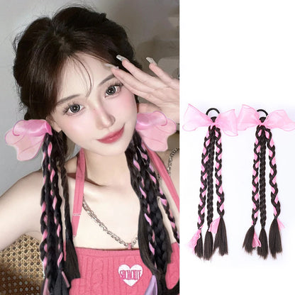 1PC Colorful Bow Wig Braids Hair Rings Ponytail Sweet Cool Twist Long Braids Hair Tie For Girls Women