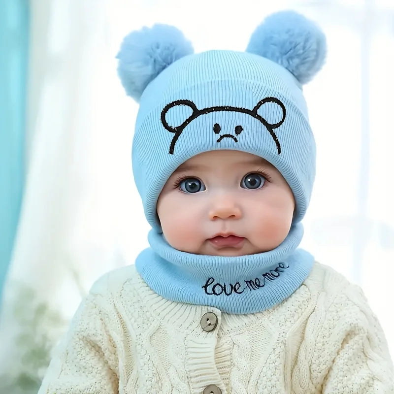 2pcs Winter Baby Hat Scarf Set Toddler Girl Boy Cap Knitted Beanie Fur Ball Cartoon Bear Snow Outfit Infant Accessories
