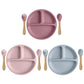3PCS Silicone Children Tableware Baby Feeding Set Silicone Dinner Plate Wood Handle Spoon Fork BPA Free Baby Training Tableware