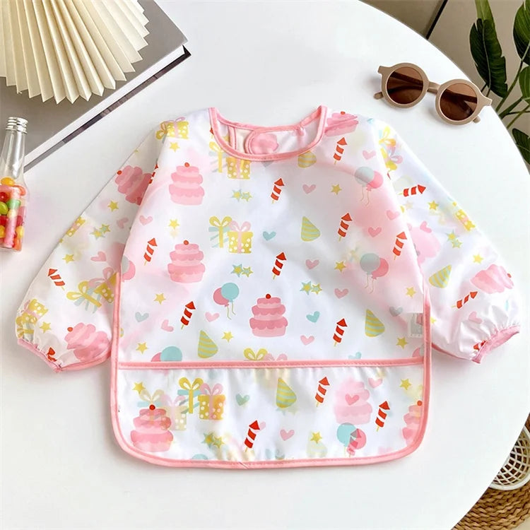 Baby's Soft Bib Kid Cute Cartoon Long Sleeves Adjustable Feeding Cloth For Boys Girls Painting Smock Toddlers Meal Eating Apron