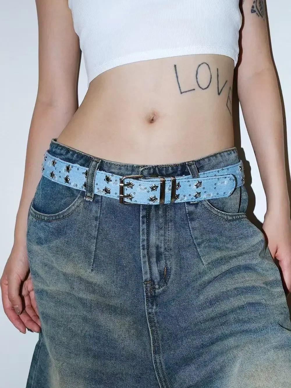 1PC New Fashion Luxury Belt Black Punk Accessories Blue Denim Girdle HipHop Y2k Star Hollowed Pin Buckle Waistband，For Men Women
