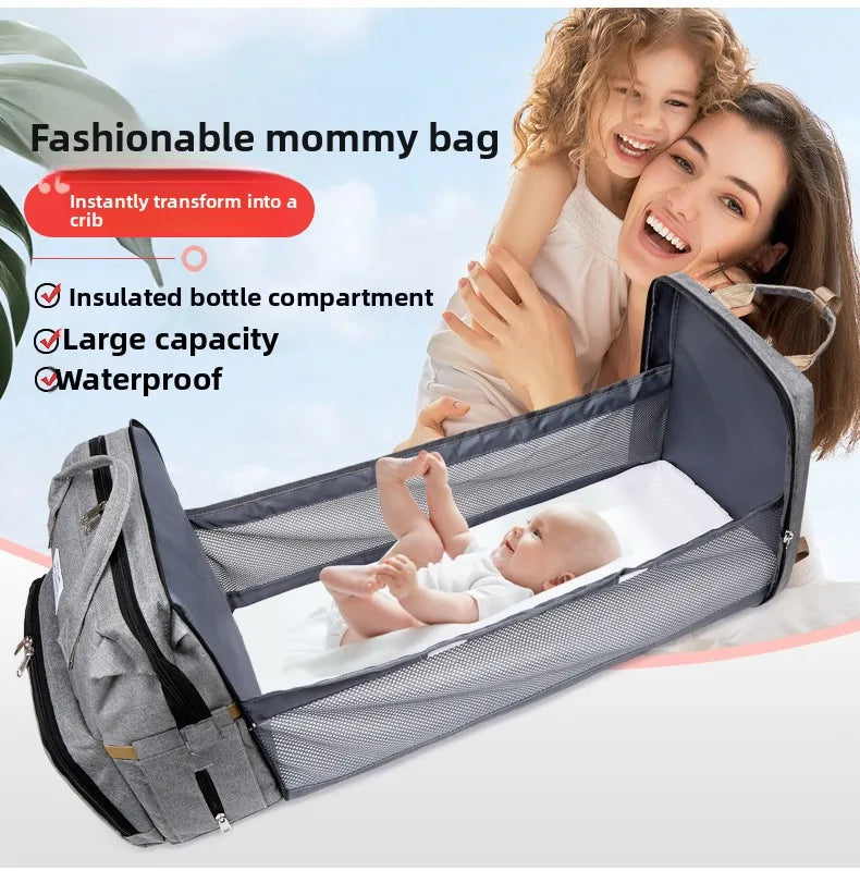 Fashionable Folding Baby Crib Mother and Baby Bag Large Capacity Hand-held Bottle Diaper Backpack Mother and Mommy Bag