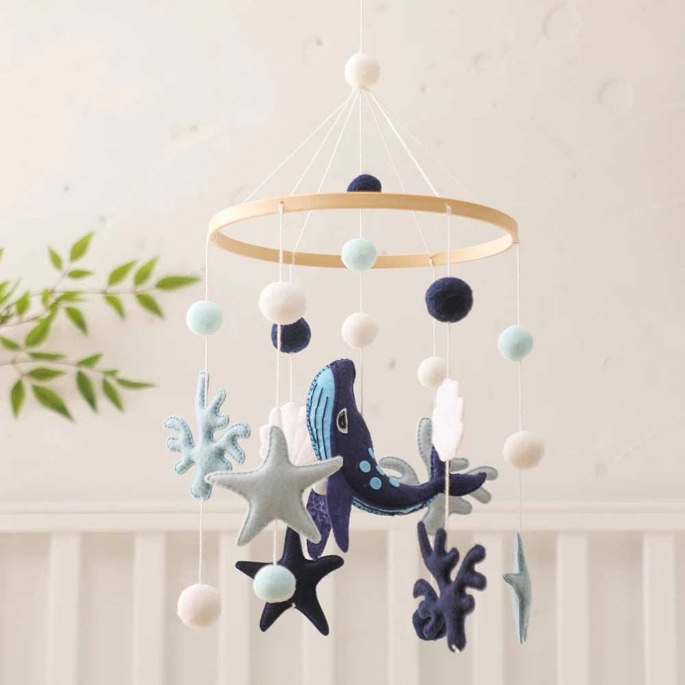 Blue Whale Baby Crib Mobile Newborn First Toy Non Woven Fabric Bamboo Ring Shape Cognition Auditory Development Nursery Decor