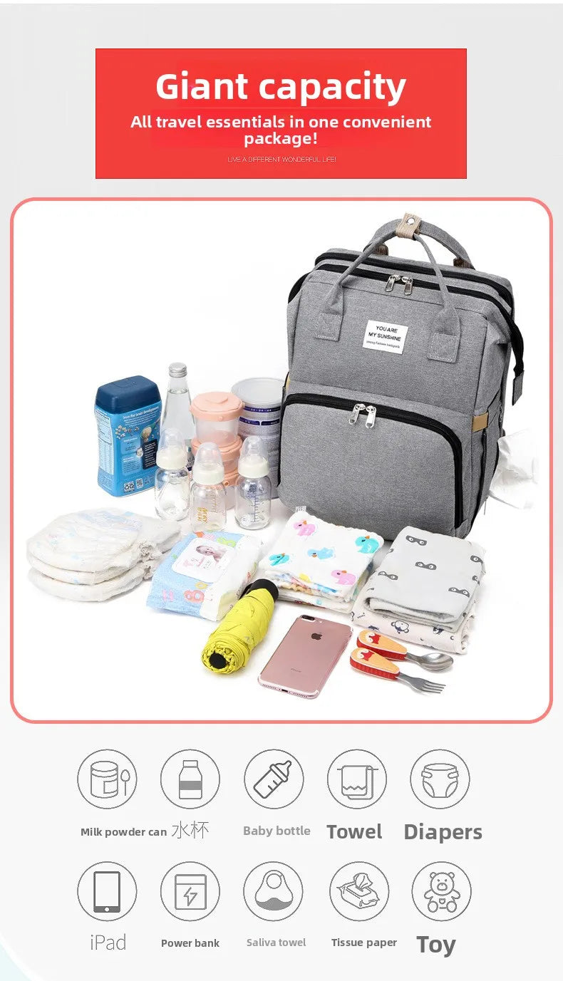 Fashionable Folding Baby Crib Mother and Baby Bag Large Capacity Hand-held Bottle Diaper Backpack Mother and Mommy Bag