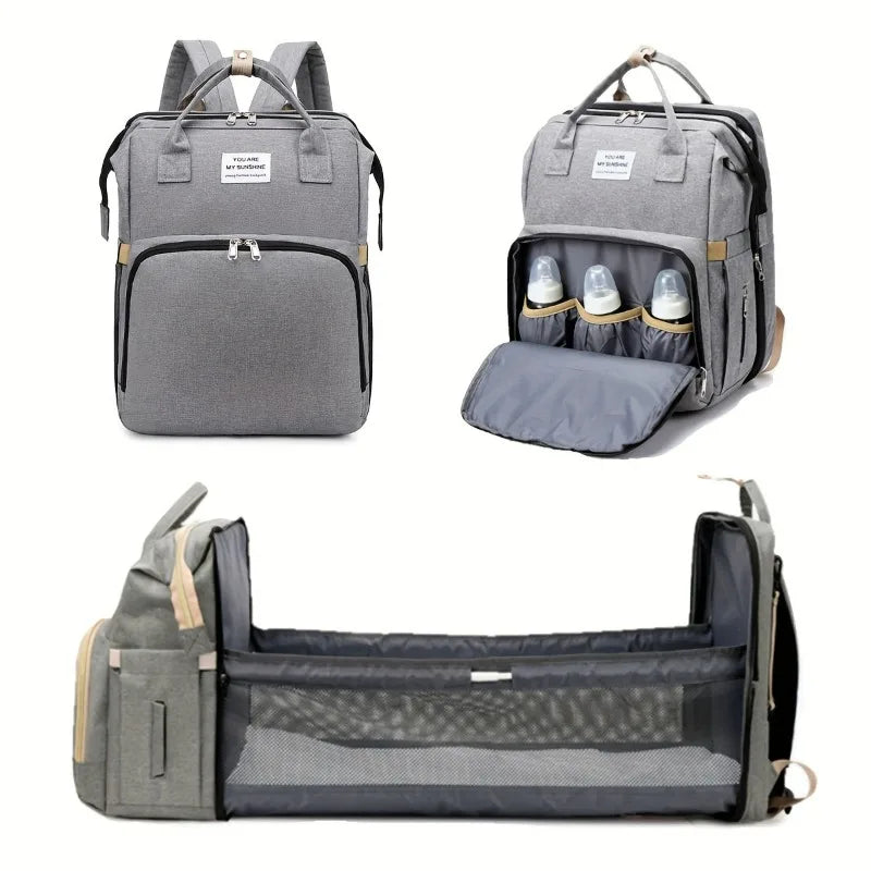 Fashionable Folding Baby Crib Mother and Baby Bag Large Capacity Hand-held Bottle Diaper Backpack Mother and Mommy Bag