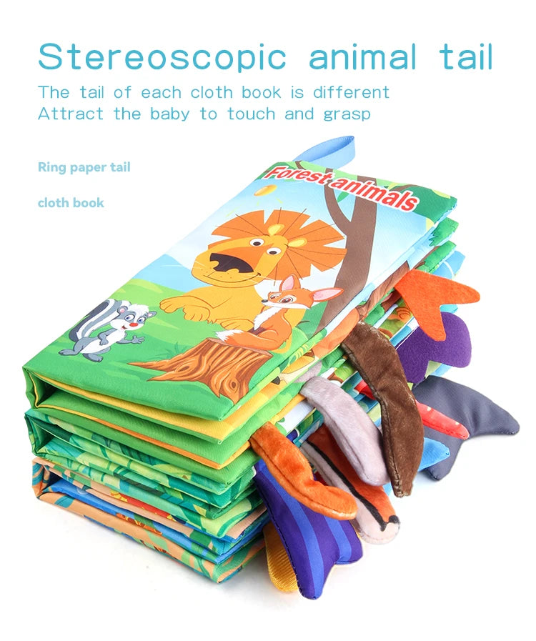 Baby 8 Page Tail Cloth Book Cartoon Animals Touch And Feel Infant Soft Books Development Interactive Early Education Toys