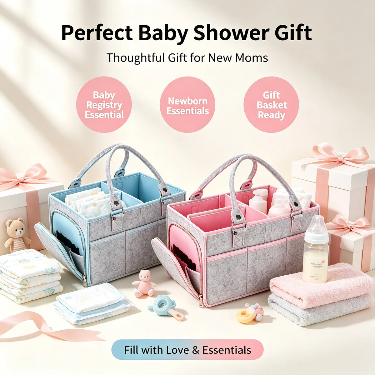 Large Baby Diaper Caddy Organizer,Thick Felt Nursery Storage Basket, Portable Infant Must Haves Essentials, Newborn Shower Gift