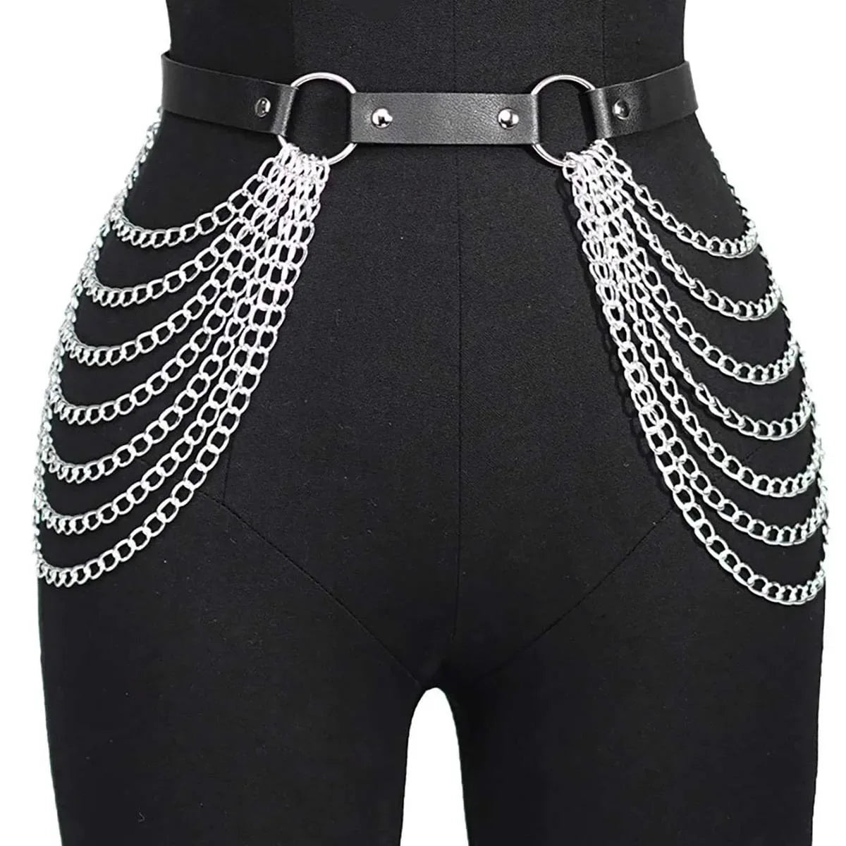 Women Punk Gothic Black PU Leather Studded Leg‑Waist Harness Belt, Adjustable Decor Accessory for Rave Festival Halloween Party