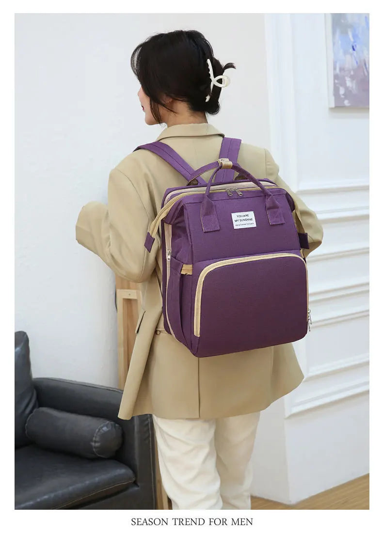 Fashionable Folding Baby Crib Mother and Baby Bag Large Capacity Hand-held Bottle Diaper Backpack Mother and Mommy Bag