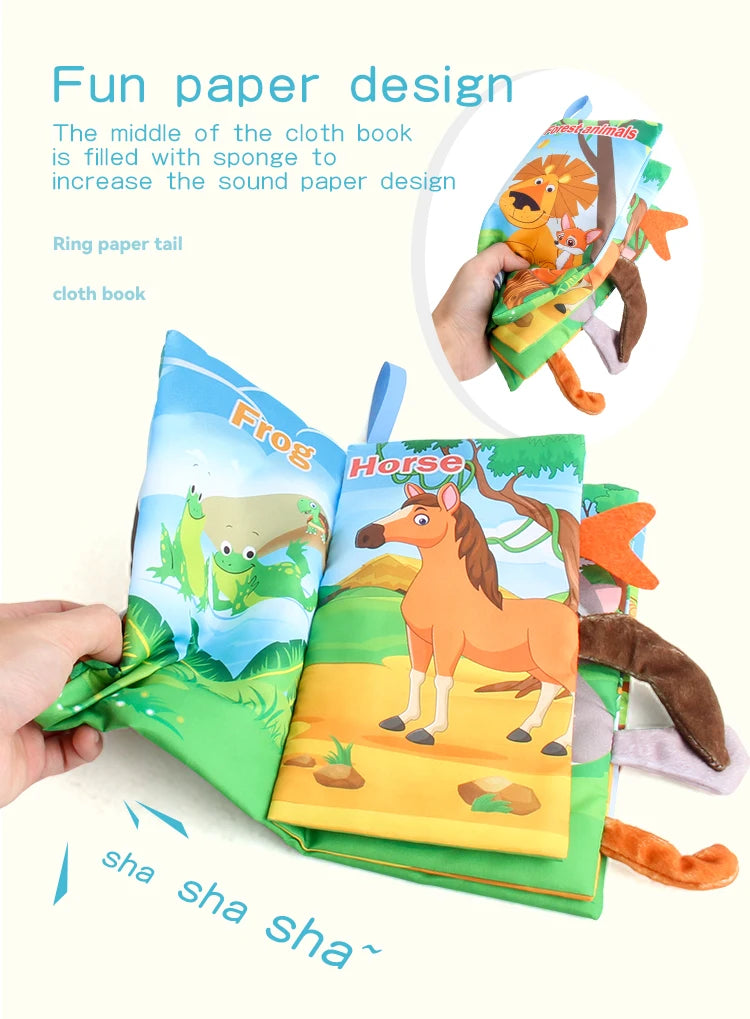 Baby 8 Page Tail Cloth Book Cartoon Animals Touch And Feel Infant Soft Books Development Interactive Early Education Toys