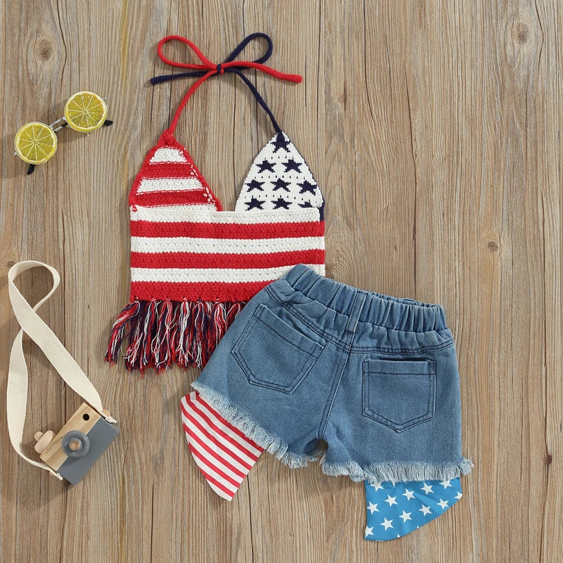 2023-03-29 Lioraitiin 0-6Years Toddler Baby Girl 2Pcs Independence Day Summer Clothing Set Knitting Vest Top Denim Shorts