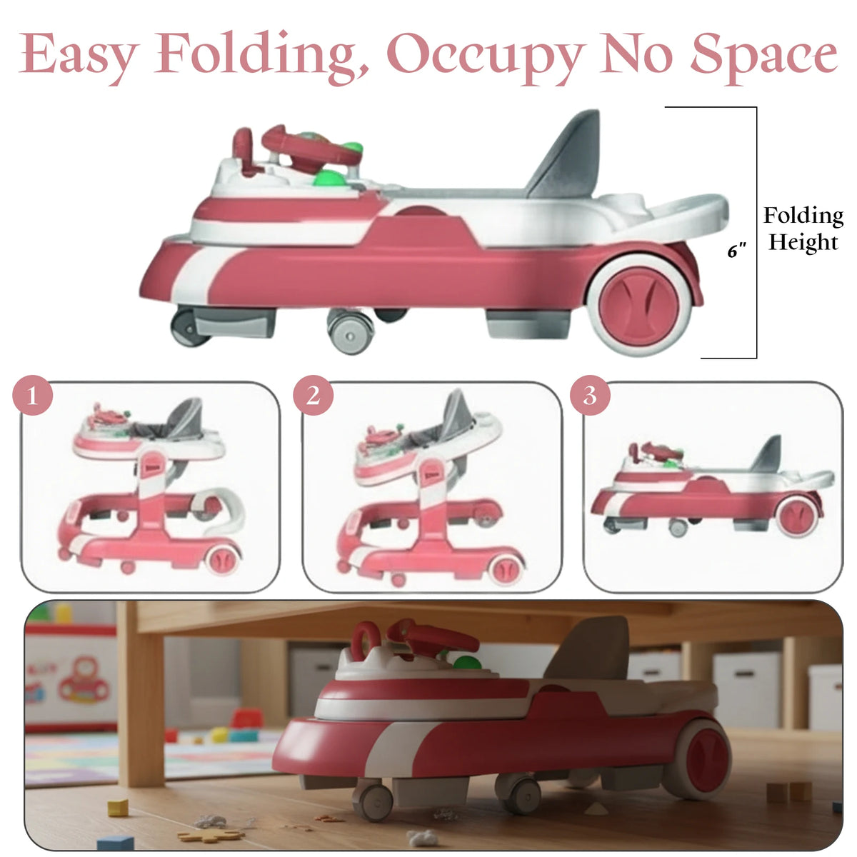 4 in 1 Baby Walker Toddler Baby Push Walker with Sunshade, Removable Feeding Tray and Music Tray Foldable Walker