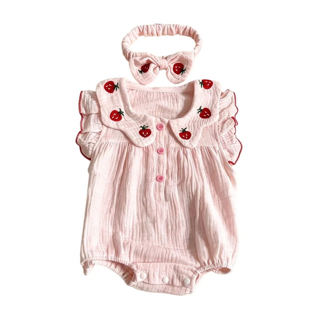 0-2Y 2026 Summer Baby Girls BodySuit Cotton Strawberry Gauze Infant Romper and Headband Cute and Soft Toddler Jumpsuit