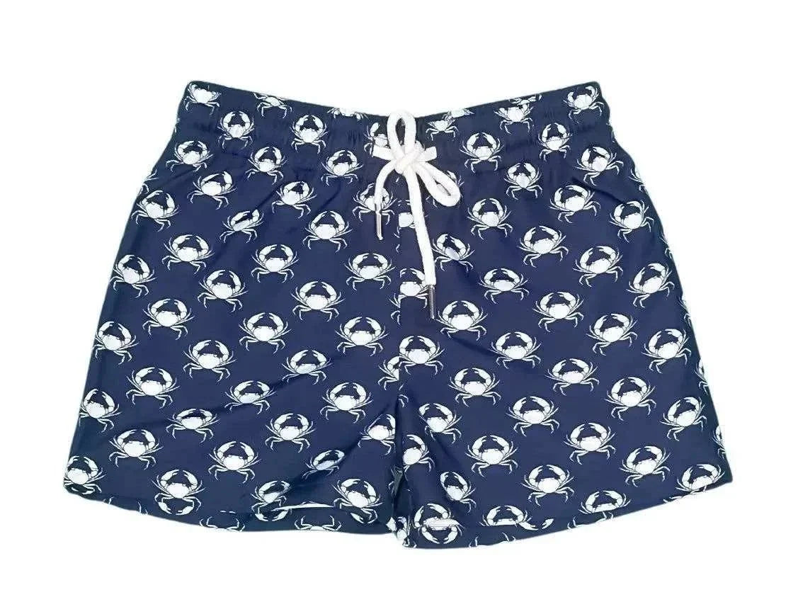 Saltwater Boys Company - SAINT SIMONS SHORTIES UPF 50+ NAVY/WHITE CRABS BOYS SWIM TRUNKS