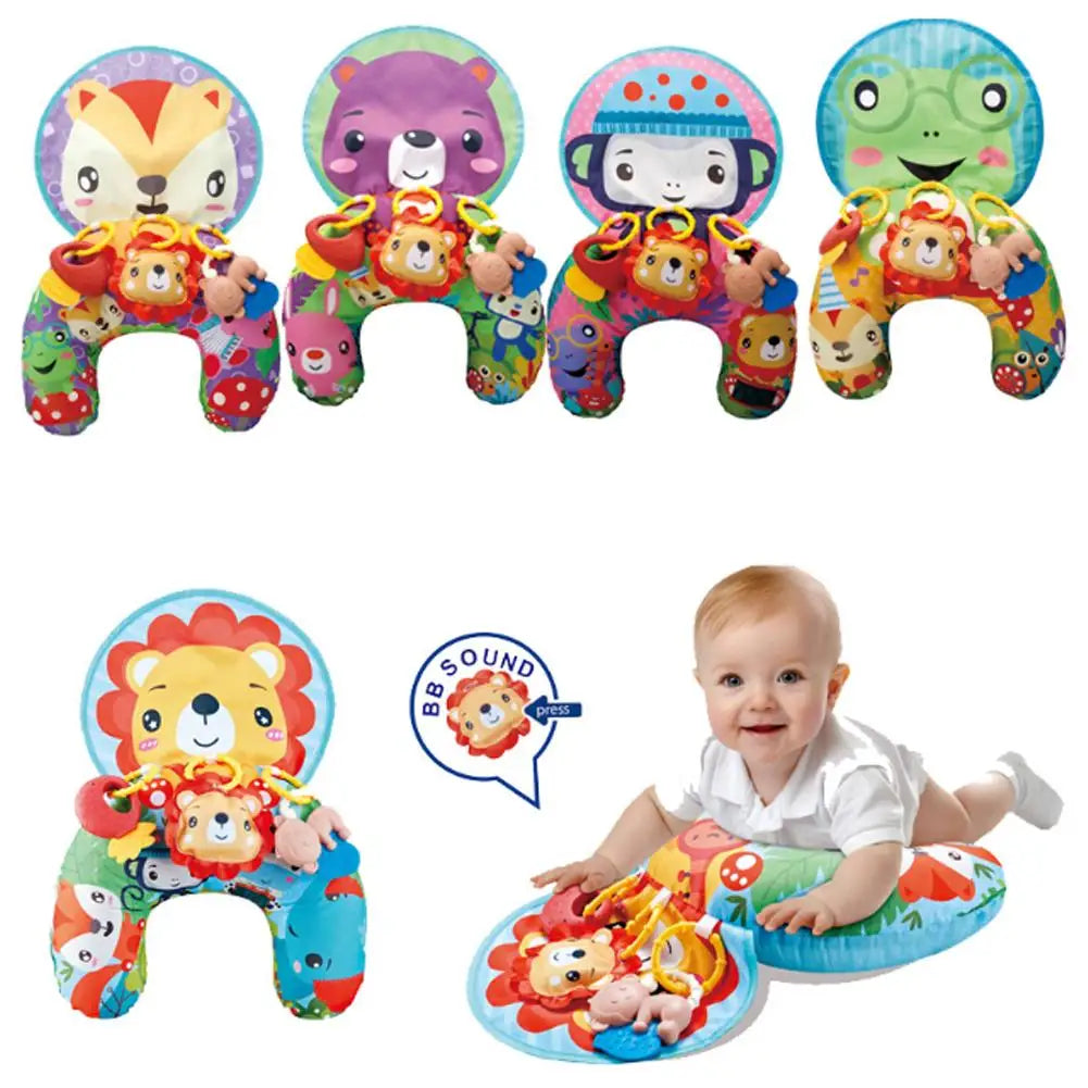 Baby Tummy Time Pillow with Rattle Toys, Multifunctional Crawling Mat Play Gym for Infants, Colorful Cartoon Animals Support Cus