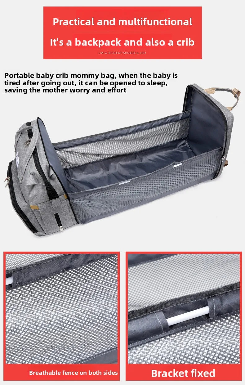 Fashionable Folding Baby Crib Mother and Baby Bag Large Capacity Hand-held Bottle Diaper Backpack Mother and Mommy Bag