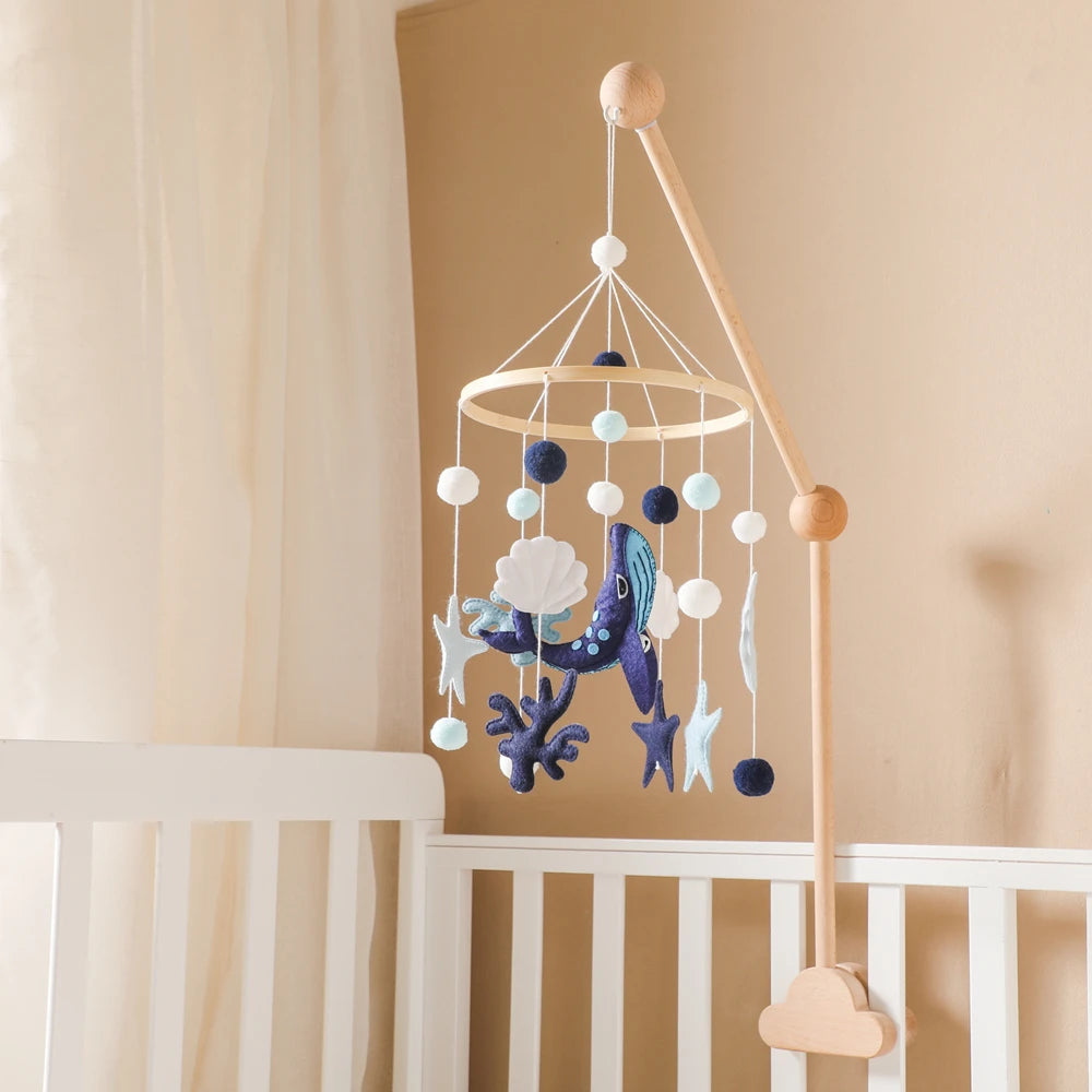 Blue Whale Baby Crib Mobile Newborn First Toy Non Woven Fabric Bamboo Ring Shape Cognition Auditory Development Nursery Decor