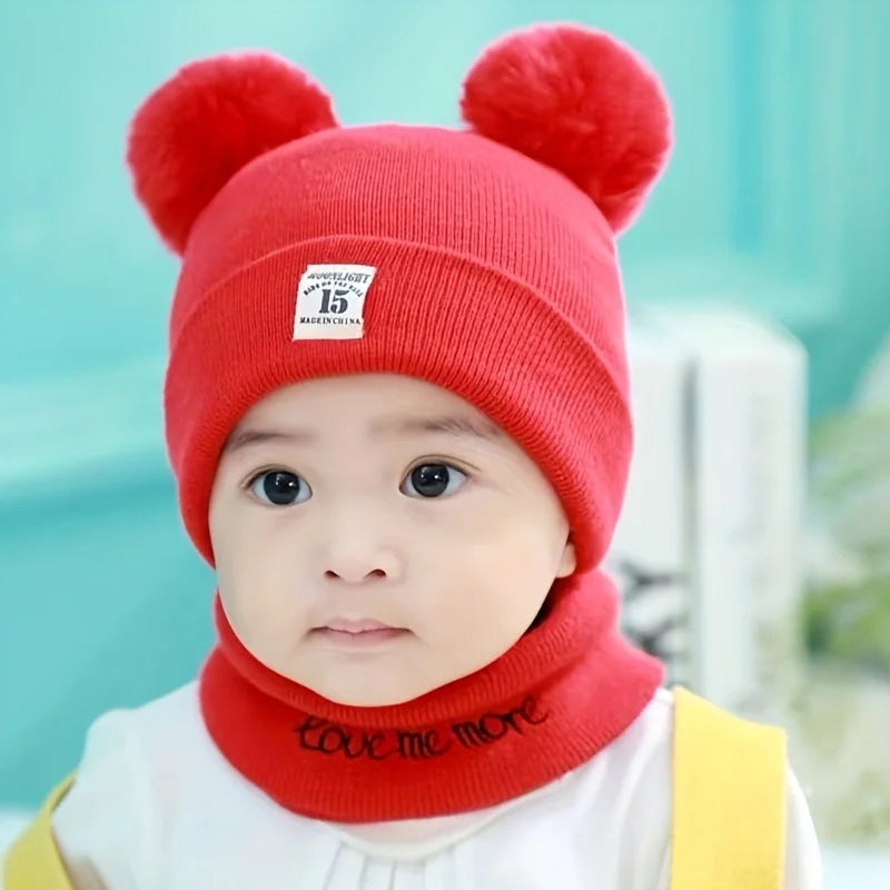 2pcs Winter Baby Hat Scarf Set Toddler Girl Boy Cap Knitted Beanie Fur Ball Cartoon Bear Snow Outfit Infant Accessories