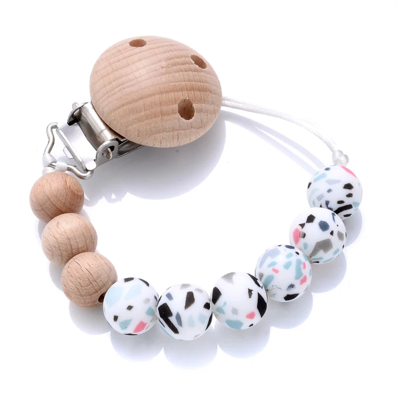 Baby Beech Pacifier Clip Round Colorful Silicone Teething Beads Food Grade Dummy Holder Soothe Chain Anti-drop Baby Nipple Chain
