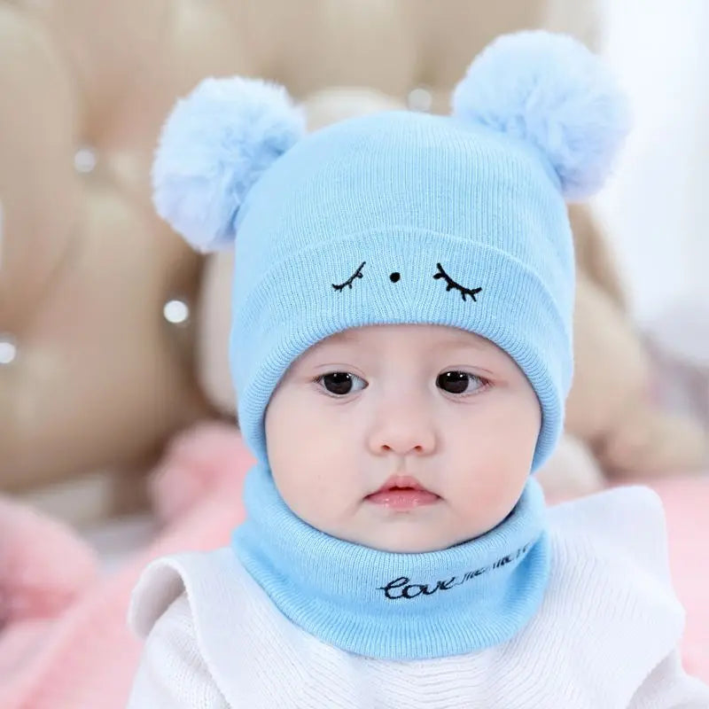 2pcs Winter Baby Hat Scarf Set Toddler Girl Boy Cap Knitted Beanie Fur Ball Cartoon Bear Snow Outfit Infant Accessories