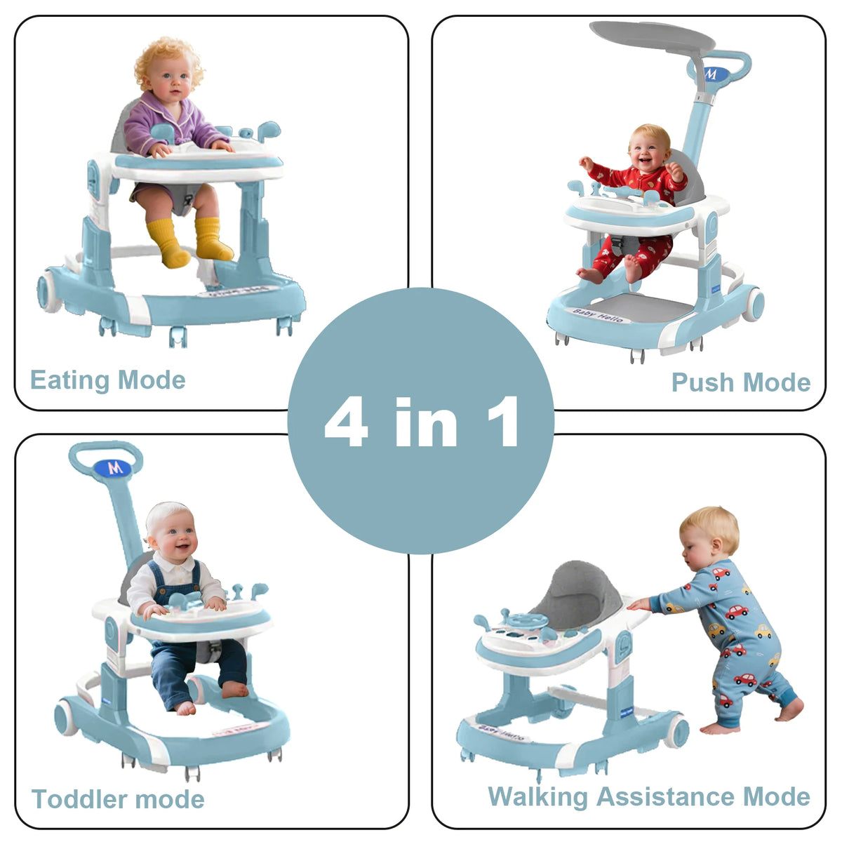 4 in 1 Baby Walker Toddler Baby Push Walker with Sunshade, Removable Feeding Tray and Music Tray Foldable Walker