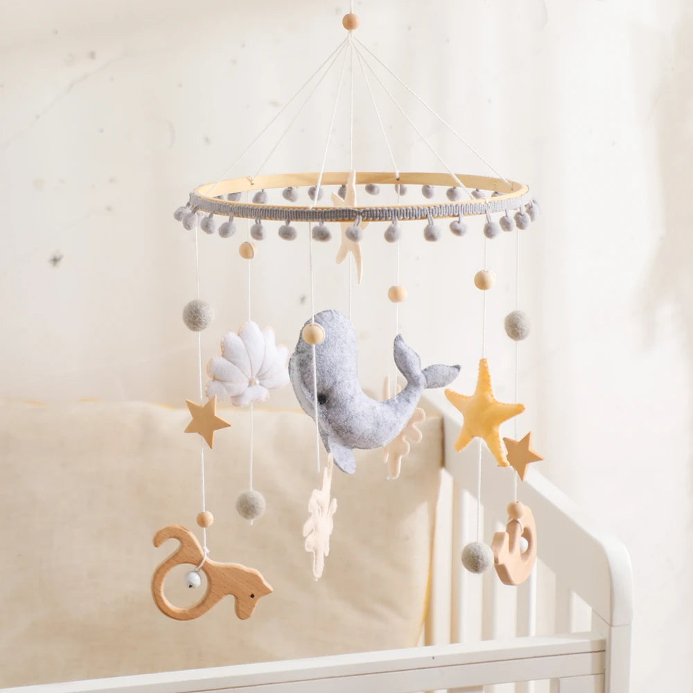 Blue Whale Baby Crib Mobile Newborn First Toy Non Woven Fabric Bamboo Ring Shape Cognition Auditory Development Nursery Decor