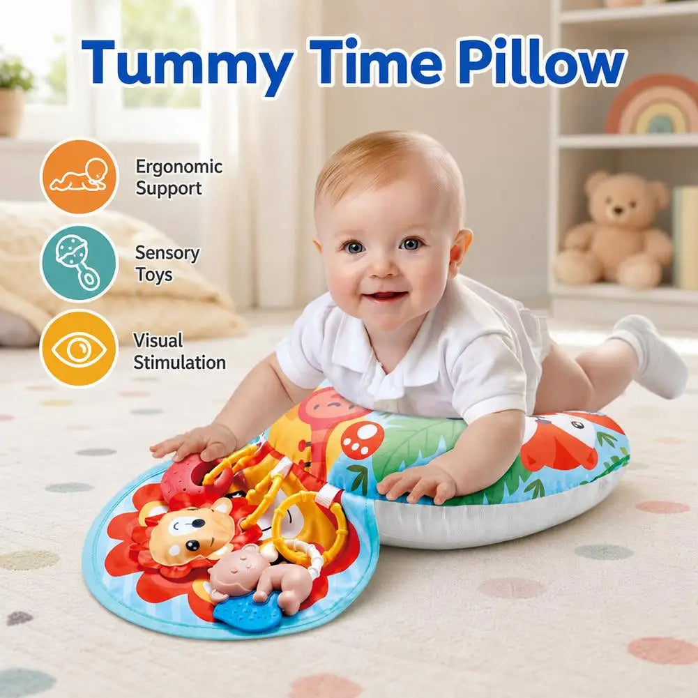 Baby Tummy Time Pillow with Rattle Toys, Multifunctional Crawling Mat Play Gym for Infants, Colorful Cartoon Animals Support Cus