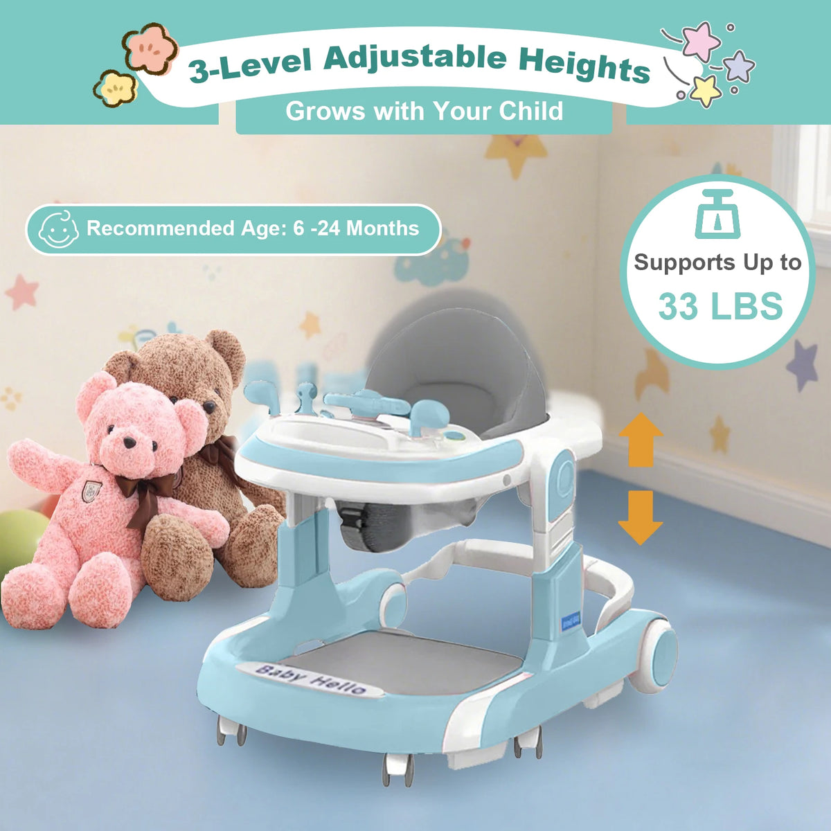 4 in 1 Baby Walker Toddler Baby Push Walker with Sunshade, Removable Feeding Tray and Music Tray Foldable Walker