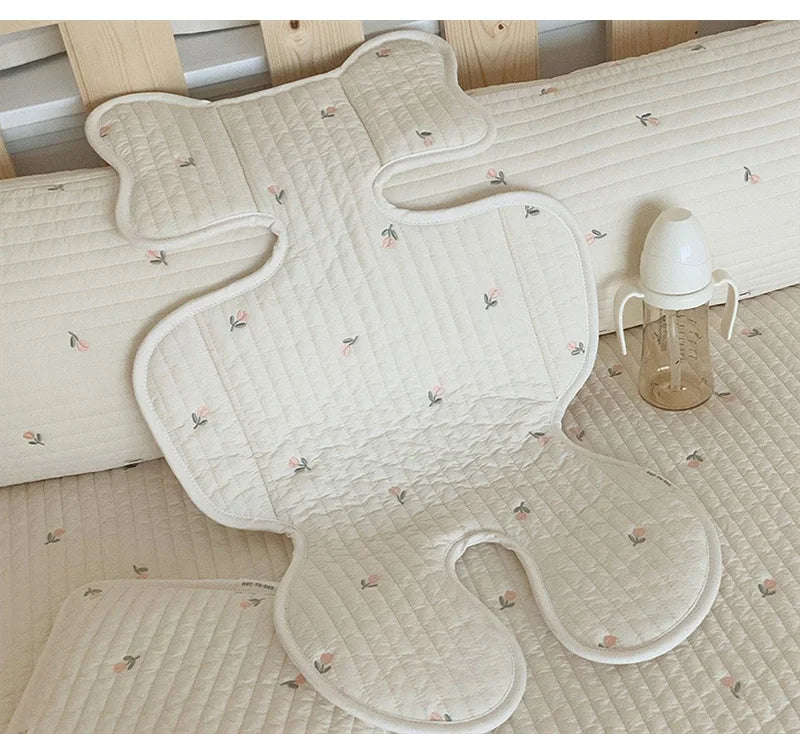 Baby Stroller Seat Cushion Pad Bear Bunny Embroidery All Seasons Cotton Breathable Cart Mattress Infant Newborn Pram Accessories