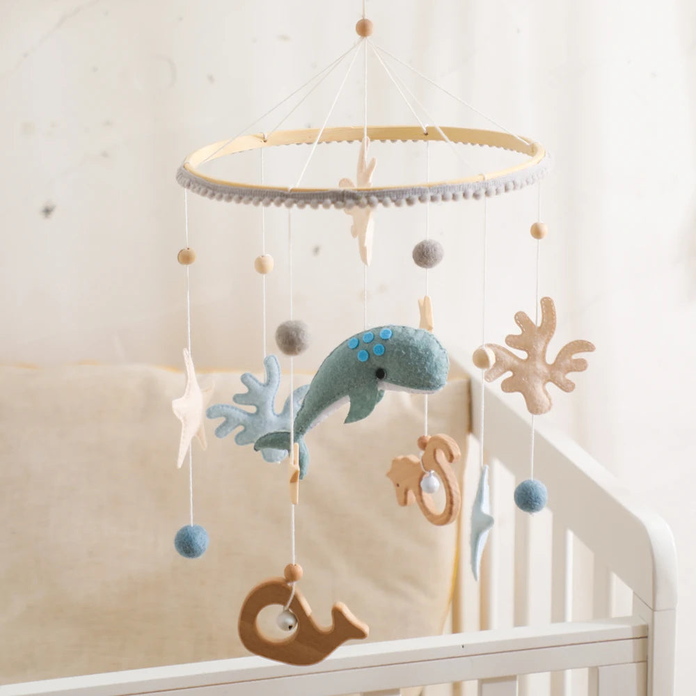 Blue Whale Baby Crib Mobile Newborn First Toy Non Woven Fabric Bamboo Ring Shape Cognition Auditory Development Nursery Decor