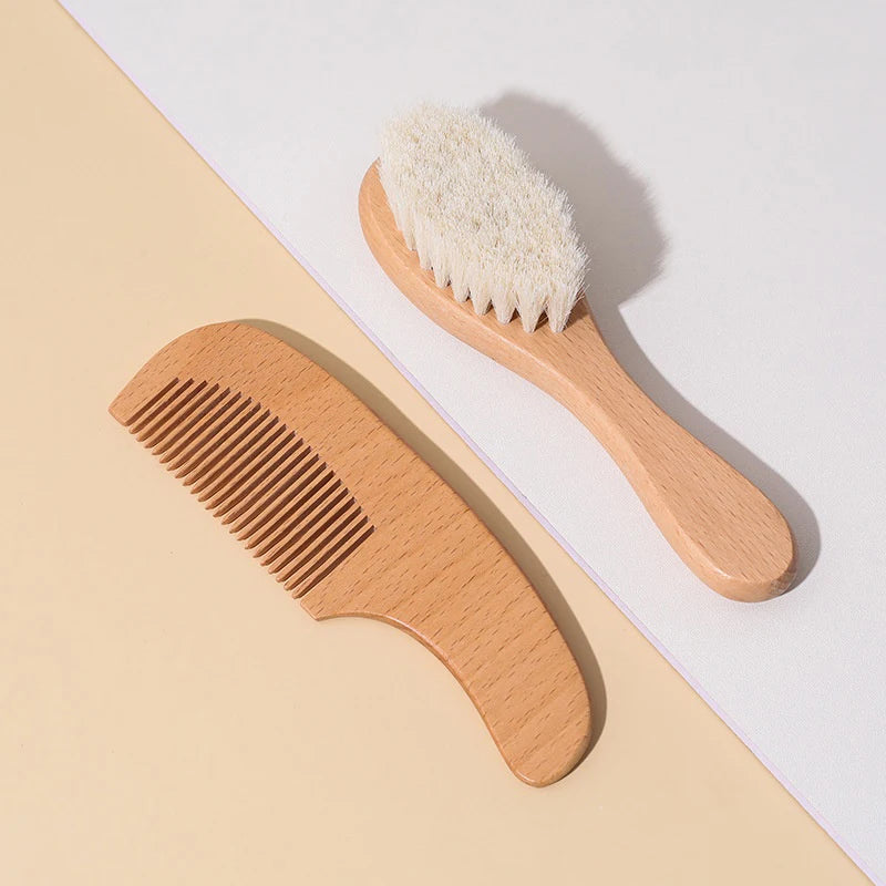 2pcs Baby Care Hair Wool Brush Beech Wood Comb Newborn Massage Comb Baby Shower Gift Set Natural Baby Brush