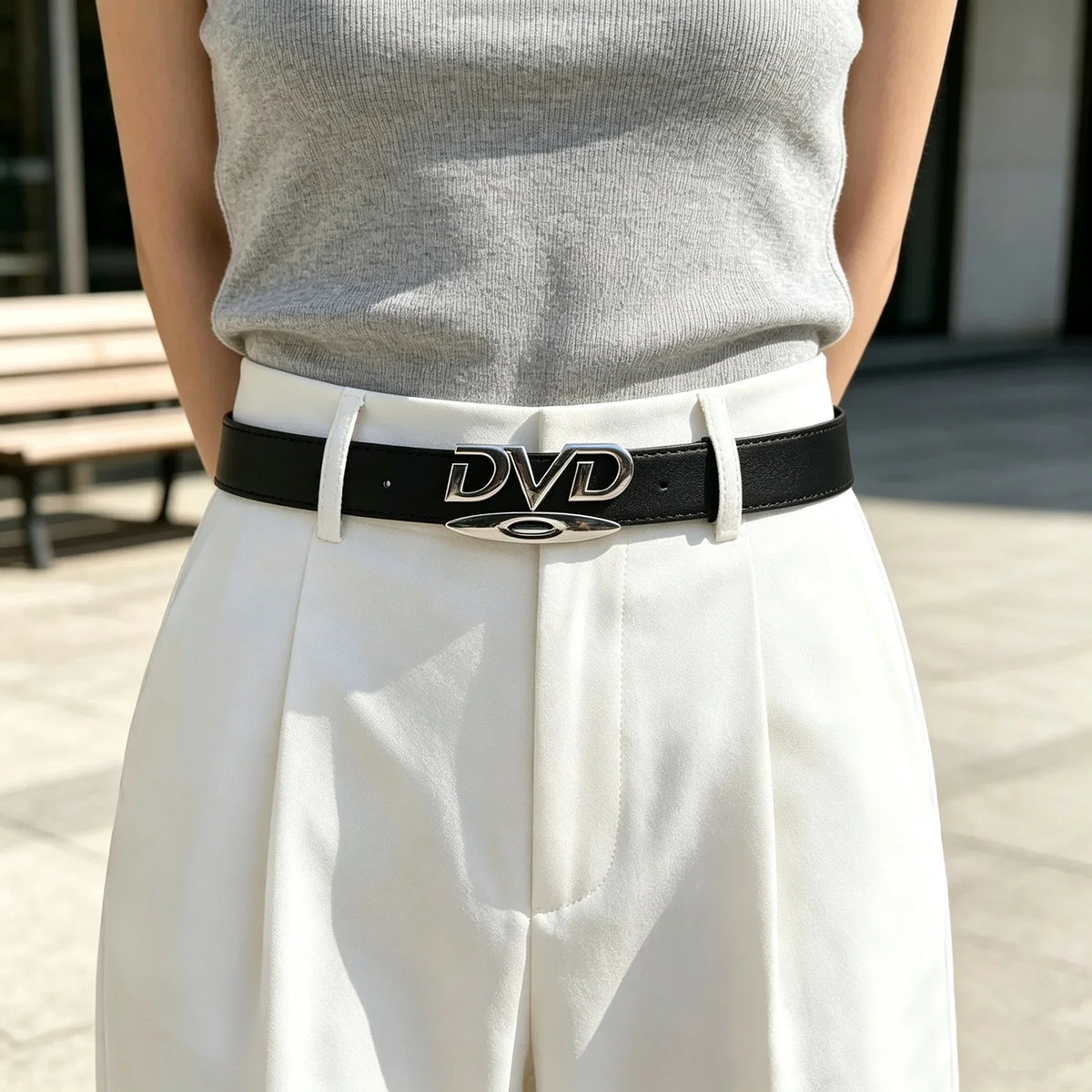 Men Women Unisex Decorative Belt with DVD Shape Buckle, Retro Nostalgic Waist Strap, Versatile Black White Belt for Jeans Outfit