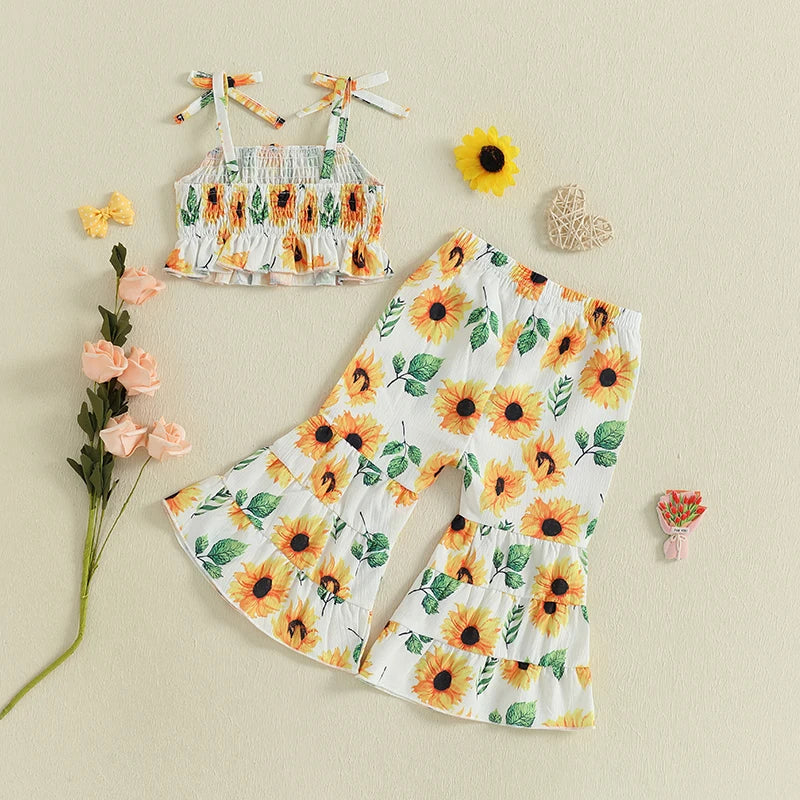 Lioraitiin Toddler Baby Girl Summer Outfit Sunflower/Cherry Print Ruffled Trim Spaghetti Straps Tops and Bell Bottoms 2Pcs Set