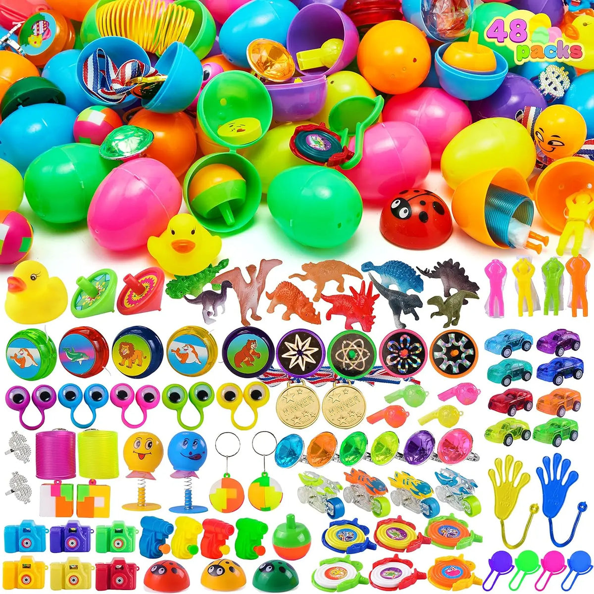 JOYFY 48Pcs Easter Eggs with Toys Inside Prefilled Easter Eggs with Popular Assorted Toys for Boys Girls Basket Stuffers Filler