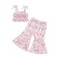 Lioraitiin Toddler Baby Girl Summer Outfit Sunflower/Cherry Print Ruffled Trim Spaghetti Straps Tops and Bell Bottoms 2Pcs Set