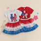 2025-03-08 Lioraitiin Toddler Girl 4th of July Outfit Letter Bow Embroidery O-Neck Short Sleeve Romper and Mesh Skirt 2Pcs Set
