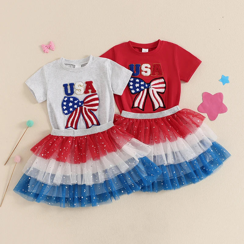 2025-03-08 Lioraitiin Toddler Girl 4th of July Outfit Letter Bow Embroidery O-Neck Short Sleeve Romper and Mesh Skirt 2Pcs Set