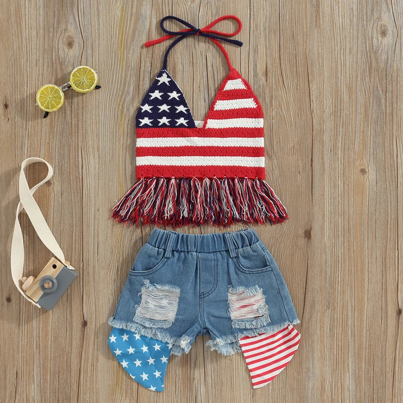 2023-03-29 Lioraitiin 0-6Years Toddler Baby Girl 2Pcs Independence Day Summer Clothing Set Knitting Vest Top Denim Shorts