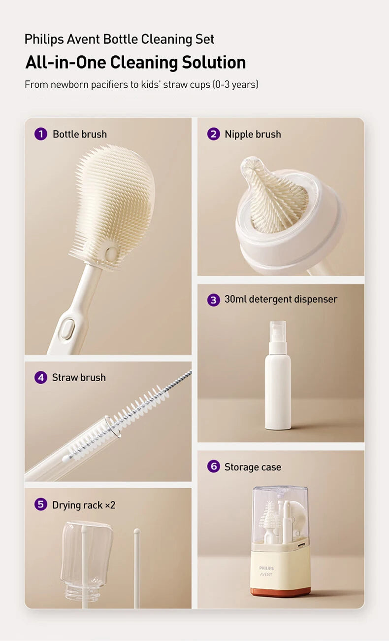 Avent Baby Bottle Cleaning Set Includes Bottle Brush Nipple Brush Straw Cleaner Drying Racks & Storage Box BPA Free
