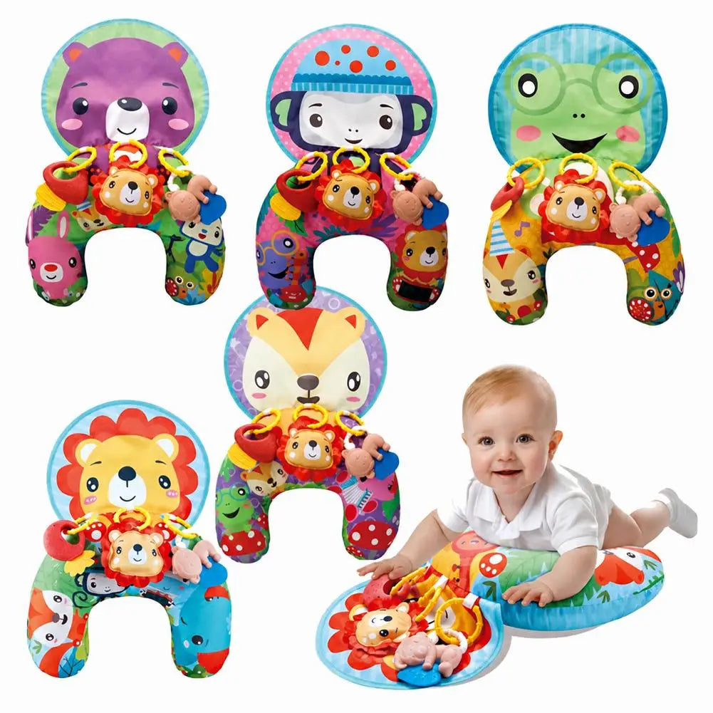 Baby Tummy Time Pillow with Rattle Toys, Multifunctional Crawling Mat Play Gym for Infants, Colorful Cartoon Animals Support Cus