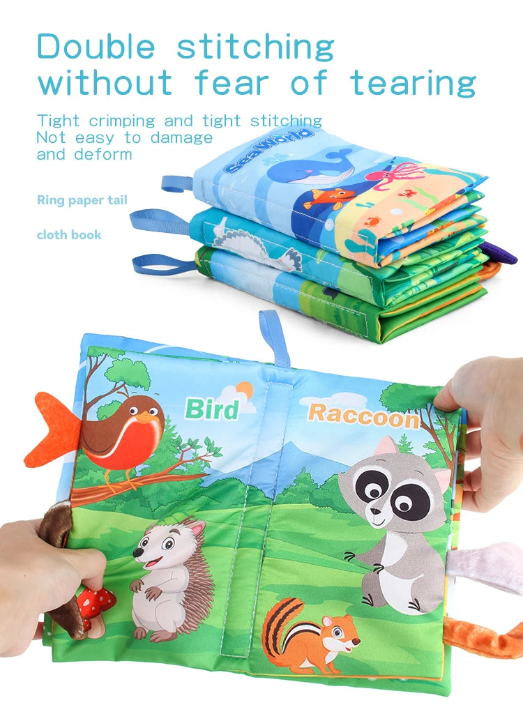 Baby 8 Page Tail Cloth Book Cartoon Animals Touch And Feel Infant Soft Books Development Interactive Early Education Toys