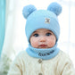 2pcs Winter Baby Hat Scarf Set Toddler Girl Boy Cap Knitted Beanie Fur Ball Cartoon Bear Snow Outfit Infant Accessories
